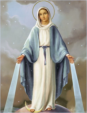 Blessed Virgin Mary standing on a crescent moon in a white robe and blue mantle with a golden halo HD phone wallpaper