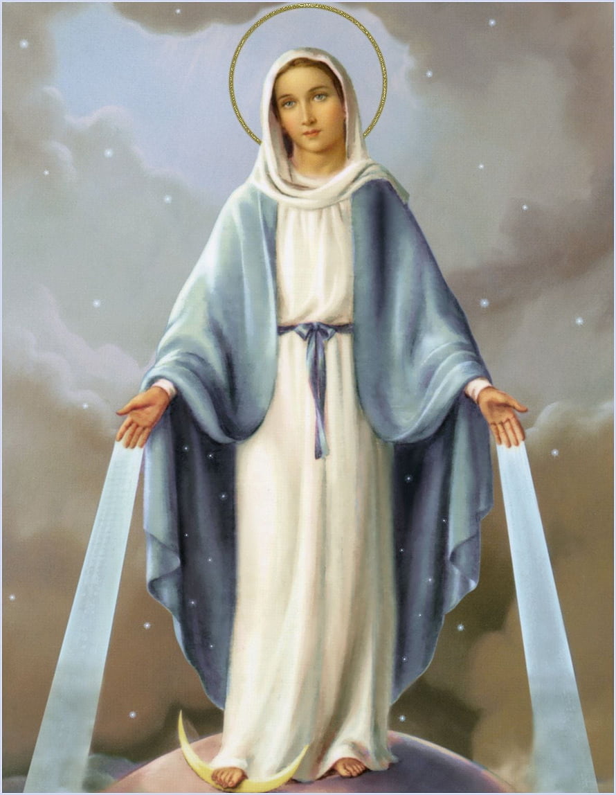 Blessed Virgin Mary standing on a crescent moon in a white robe and blue mantle with a golden halo HD phone wallpaper