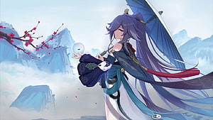 Fu Hua from Honkai Impact 3rd in Traditional Chinese Attire with Umbrella and Plum Blossoms HD wallpaper