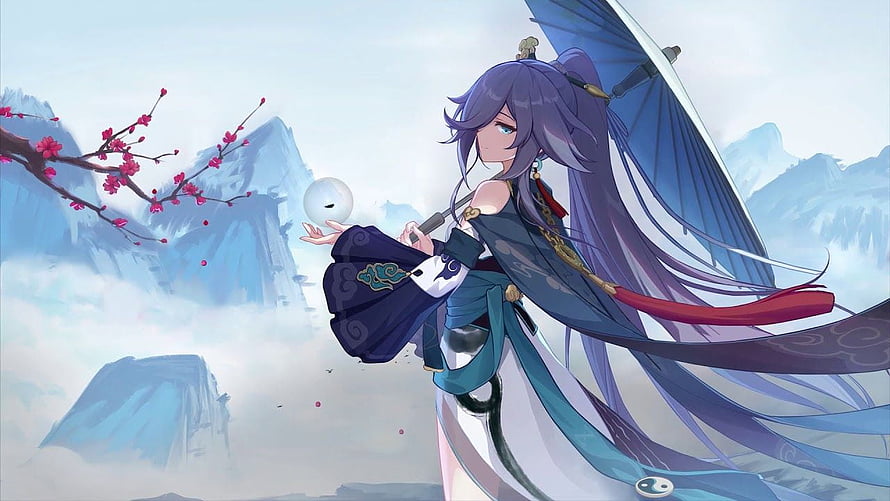 Fu Hua from Honkai Impact 3rd in Traditional Chinese Attire with Umbrella and Plum Blossoms HD wallpaper