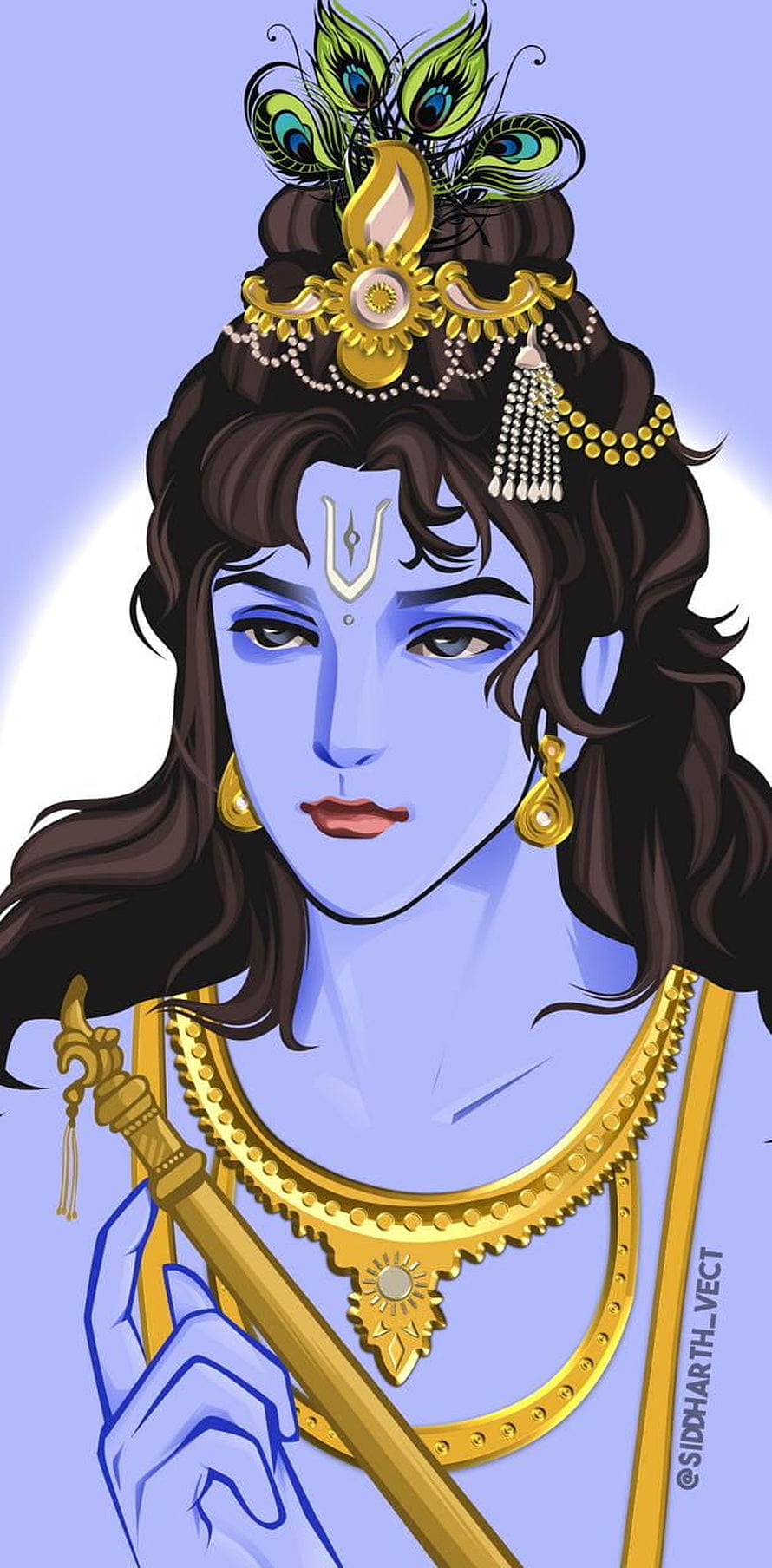 Krishna Digital Art Portrait with Peacock Feather Crown and Golden Jewelry HD phone wallpaper