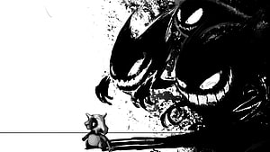 Monochrome Ink Illustration of a Small Character Facing a Massive Shadowy Demon HD wallpaper