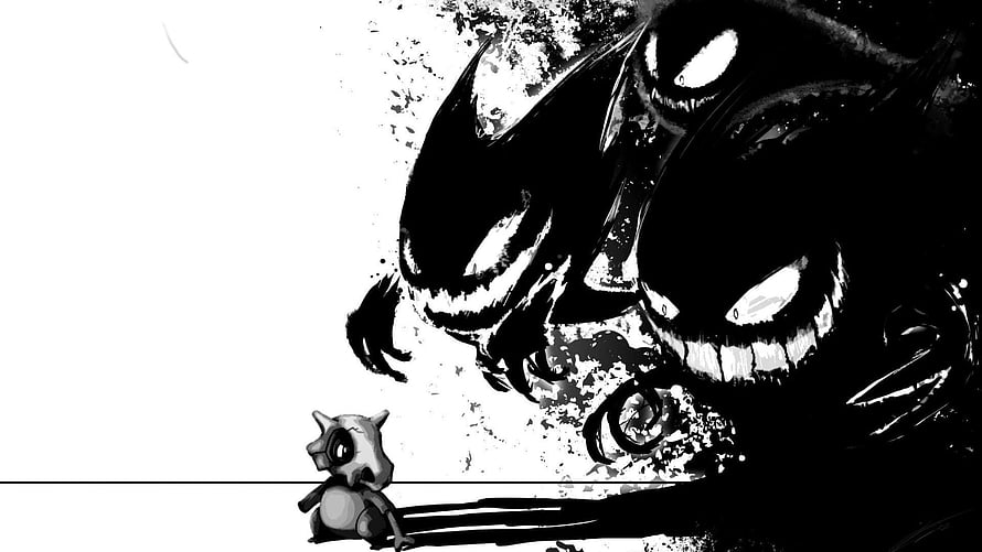 Monochrome Ink Illustration of a Small Character Facing a Massive Shadowy Demon HD wallpaper