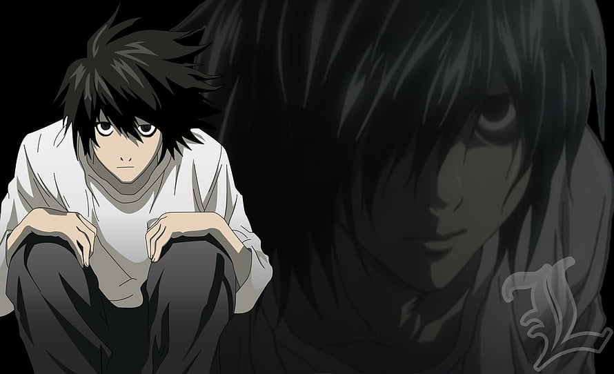 L from Death Note Anime Character Sitting in Dark Moody Scene HD wallpaper