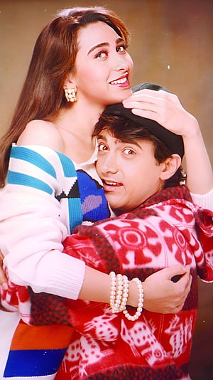 Raja Hindustani Bollywood Movie Poster Featuring Karan Johar and Madhuri Dixit in a Playful Embrace HD phone wallpaper
