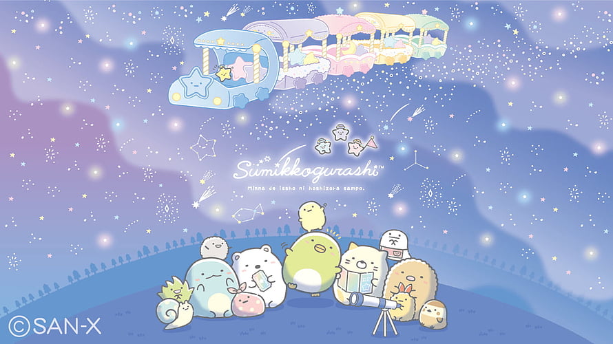 Sumikko Gurashi Characters Watching Fireworks Under a Starry Night Sky HD wallpaper