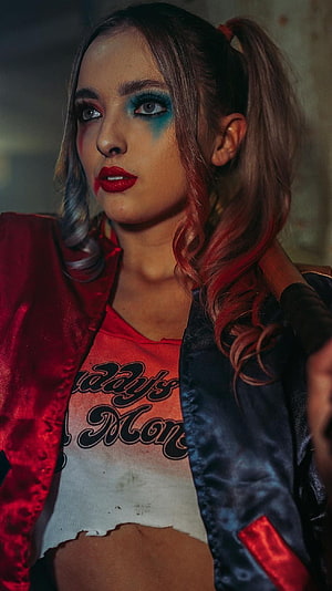 Harley Quinn Cosplay Portrait with Red and Blue Hair and Bold Makeup HD phone wallpaper