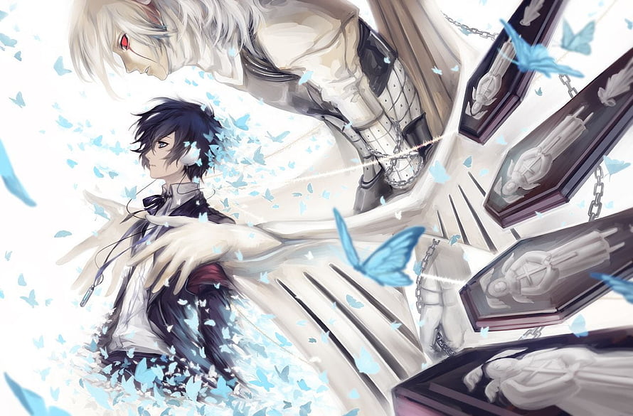 Makoto Yuki and Messiah from Shin Megami Tensei Persona 3 anime illustration with blue butterflies HD wallpaper