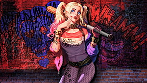 Harley Quinn in Iconic Outfit with Baseball Bat Against Vibrant Graffiti Wall HD wallpaper