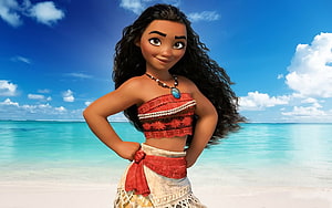 Moana from Disney's Moana standing on a tropical beach with turquoise ocean and blue sky HD wallpaper