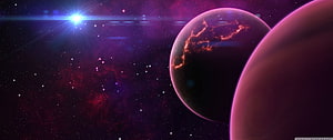 Vibrant Purple Space Scene Featuring Glowing Planets and a Bright Star HD wallpaper