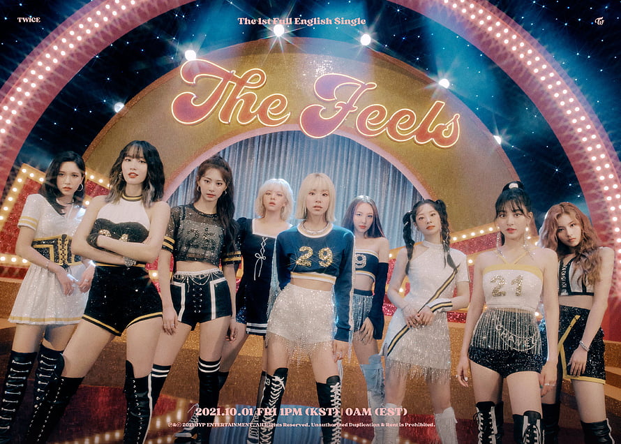 TWICE The Feels Concept Photo: Nine Members in Sparkling Stage Outfits Under Neon Arch HD wallpaper