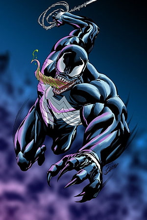 Venom in Dynamic Action Pose with Whip and Claws, Dark Blue and Purple Comic Art Style HD phone wallpaper