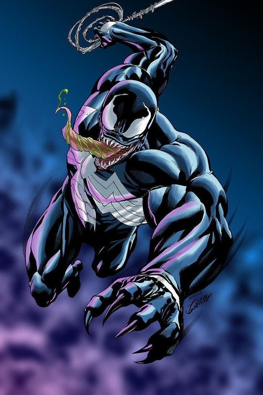 Venom in Dynamic Action Pose with Whip and Claws, Dark Blue and Purple Comic Art Style HD phone wallpaper