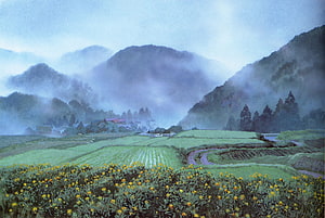 Studio Ghibli Only Yesterday Countryside Landscape with Misty Mountains and Flower Fields HD wallpaper