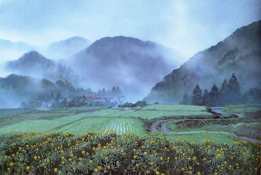 Studio Ghibli Only Yesterday Countryside Landscape with Misty Mountains and Flower Fields HD wallpaper