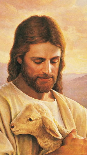Jesus Christ Holding a Lamb in a Serene Golden Light Painting HD phone wallpaper