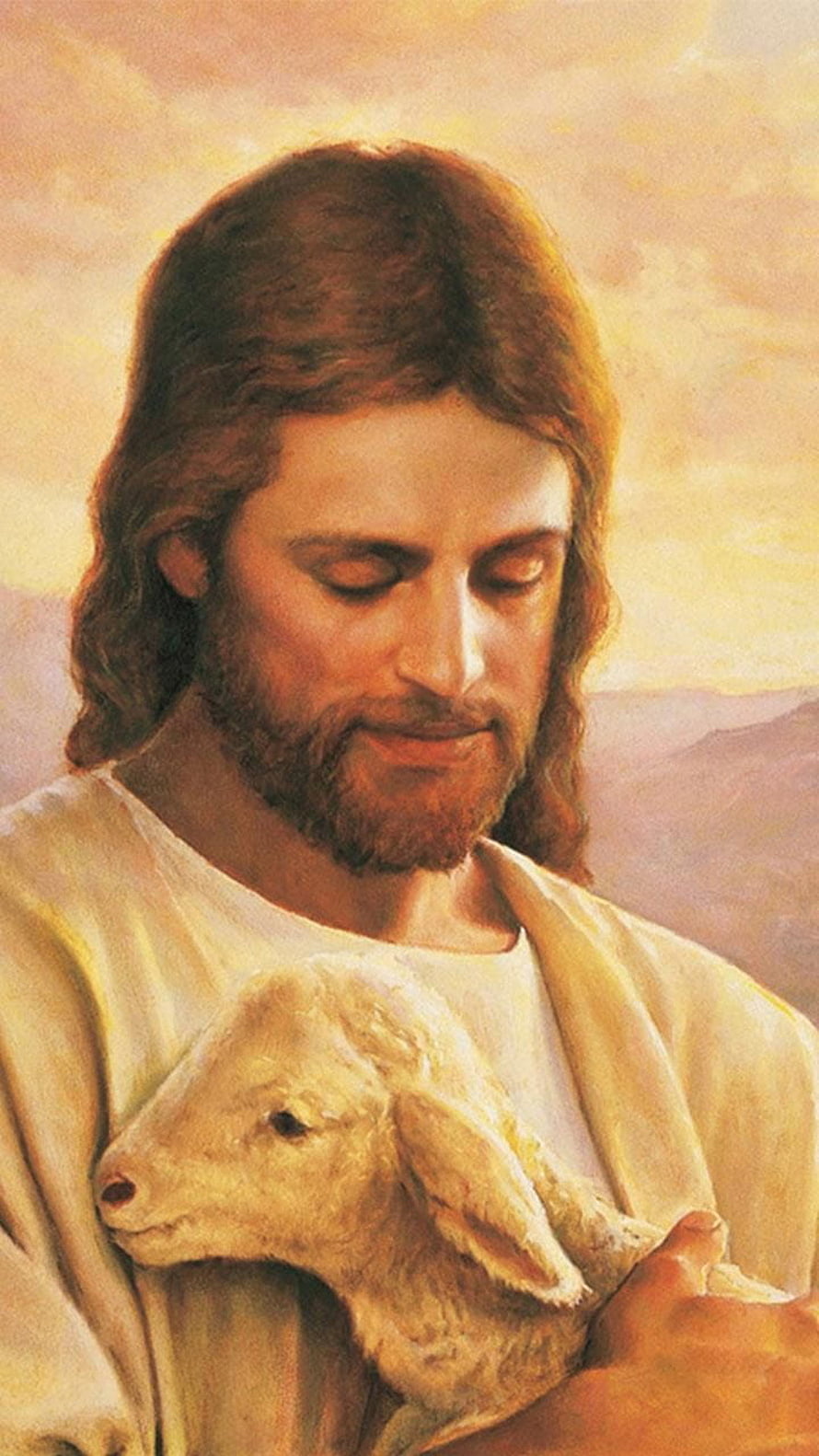 Jesus Christ Holding a Lamb in a Serene Golden Light Painting HD phone wallpaper