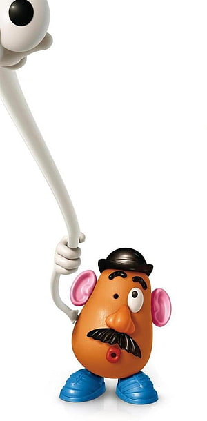 Mr. Potato Head toy character holding a long white arm against a clean white background HD phone wallpaper
