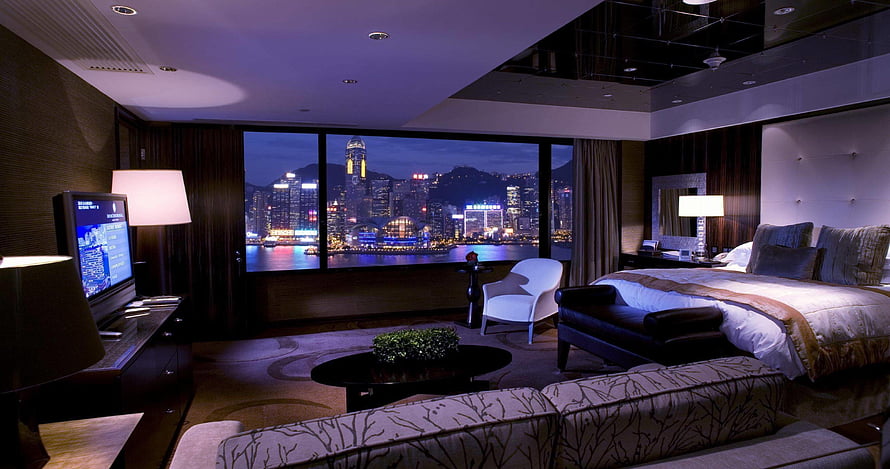 Luxury Hotel Suite Interior With Panoramic Night City View HD wallpaper