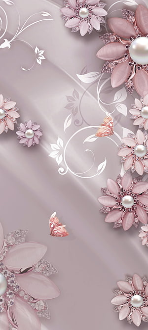 Elegant Pink Pearl Flower and Butterfly Design on Soft Gray Silk Background HD phone wallpaper