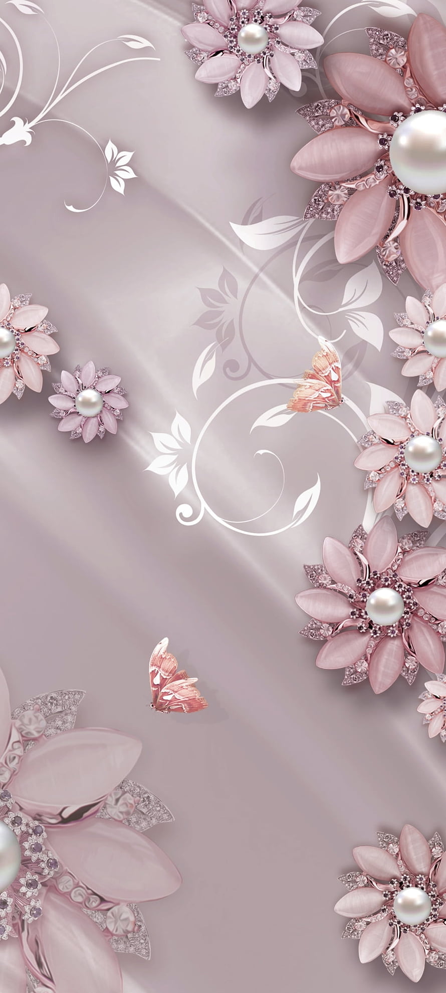 Elegant Pink Pearl Flower and Butterfly Design on Soft Gray Silk Background HD phone wallpaper