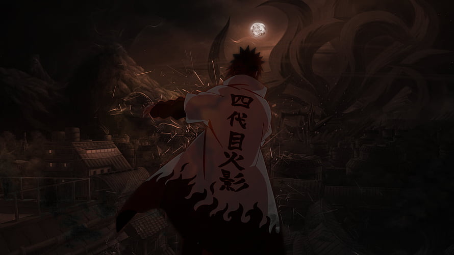 Minato Namikaze Fourth Hokage in Dark Battle Scene with Moonlit Village HD wallpaper