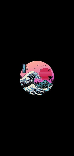 Great Wave off Kanagawa Retro Synthwave Sunset with Geometric Mountain and Palm Trees HD phone wallpaper