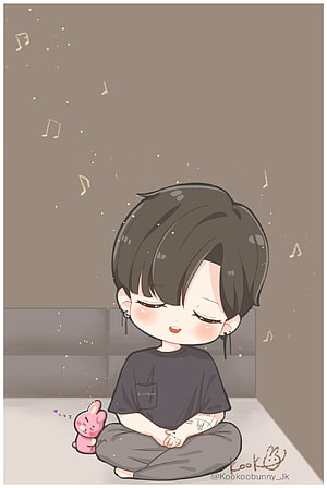Chibi Jungkook from BTS Sitting Cross-Legged with a Sleeping Pink Bunny Plushie HD phone wallpaper