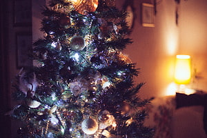 Cozy Christmas Tree With Warm Lights And Ornaments In A Dimly Lit Living Room HD wallpaper