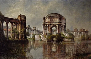 Classical Greek Ruins and Temple Reflected in a Calm Lake HD wallpaper