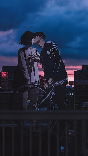 Mia and Minu Anime Couple Sharing a Kiss on a Rooftop at Dusk HD phone wallpaper