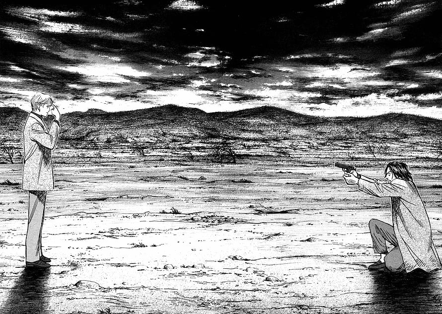Johan Liebert manga panel of a tense standoff in a desolate landscape HD wallpaper