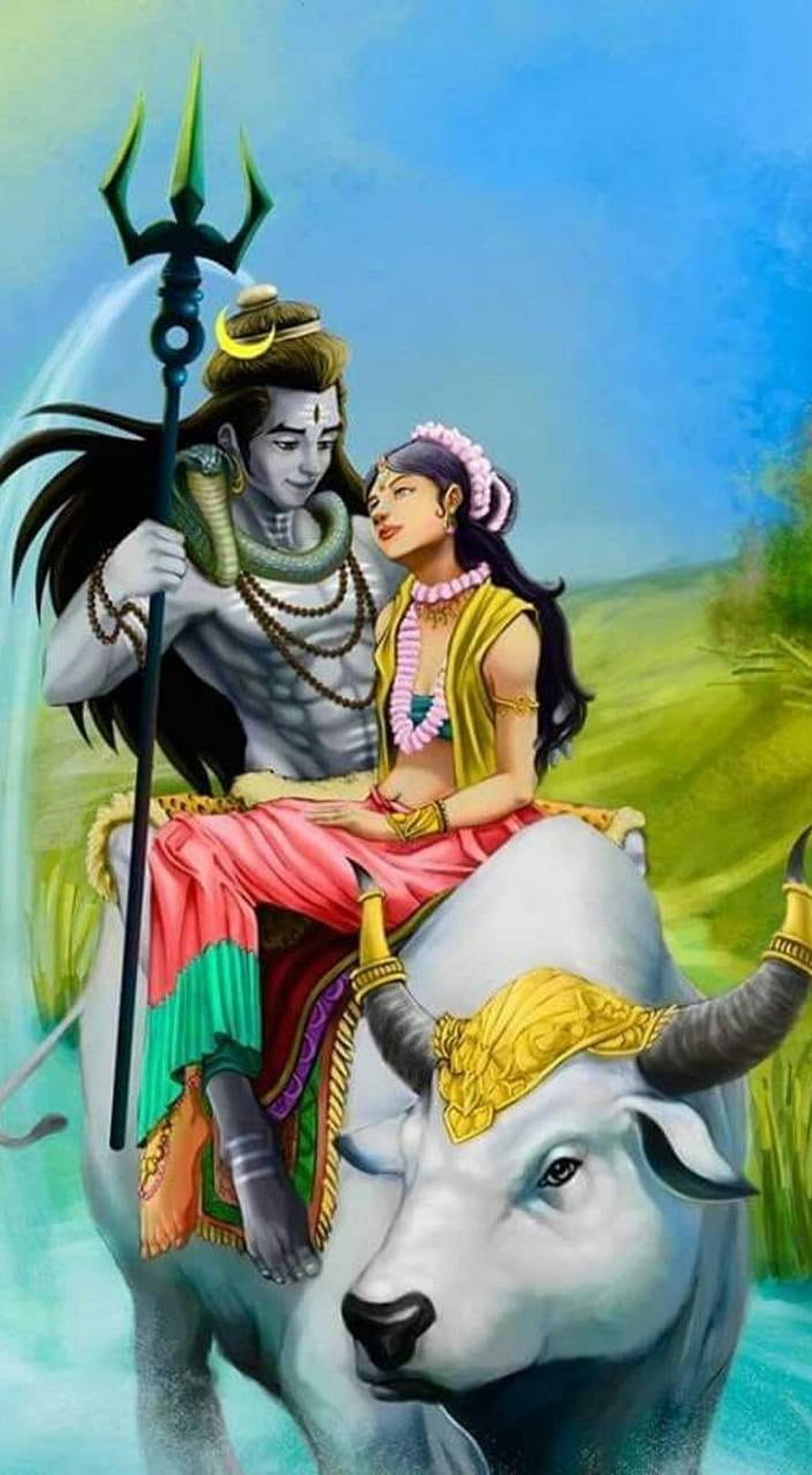 Lord Shiva and Goddess Parvati Riding Nandi Bull in a Serene Landscape HD phone wallpaper