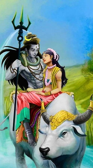 Lord Shiva and Goddess Parvati Riding Nandi Bull in Serene Landscape HD phone wallpaper