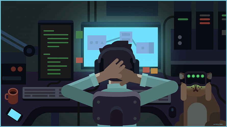 Stressed Game Developer at Workstation with Multiple Monitors and Coffee HD wallpaper