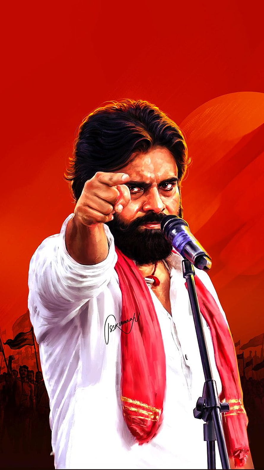 Pawan Kalyan Digital Art Portrait Pointing at Microphone with Red Background HD phone wallpaper