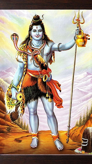 Lord Shiva Standing with Trishul and Snake in Himalayan Landscape HD phone wallpaper