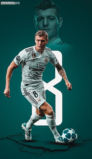Toni Kroos in Real Madrid Away Kit Dribbling Champions League Ball HD phone wallpaper