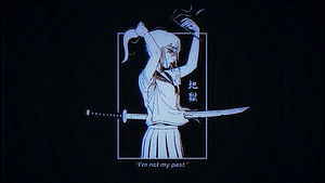Anime Girl with Katana and Japanese Text in Neon Blue Line Art Style HD wallpaper