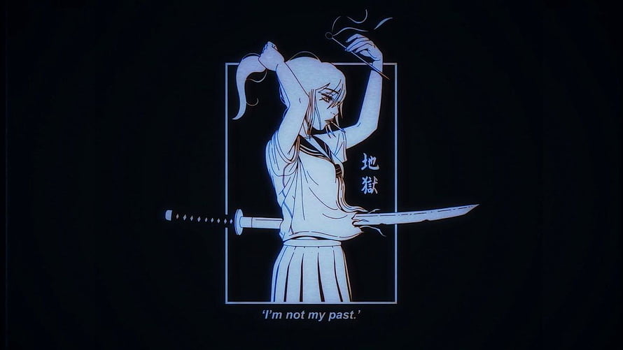 Anime Girl with Katana and Japanese Text in Neon Blue Line Art Style HD wallpaper