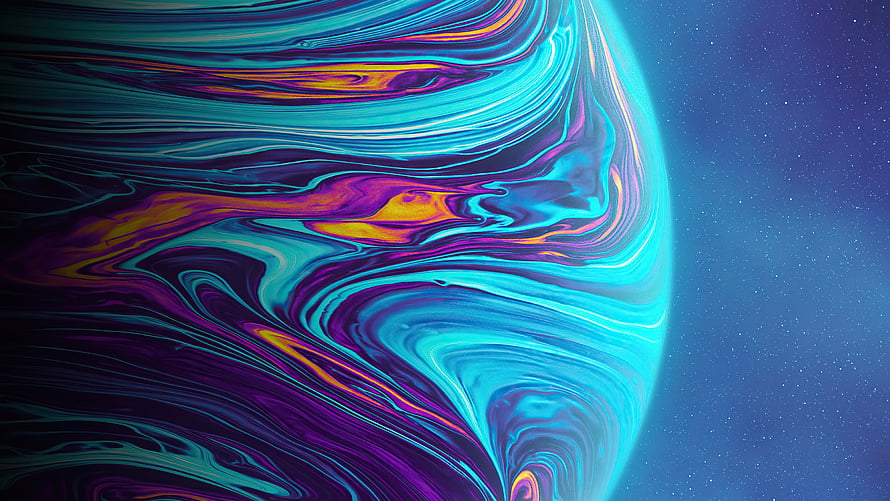 Vibrant Swirling Planet Surface in Deep Space with Neon Cyan and Purple Hues HD wallpaper