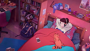 ChilledCow Lo-Fi Girl Studying in Cozy Bedroom with Cat and Headphones HD wallpaper