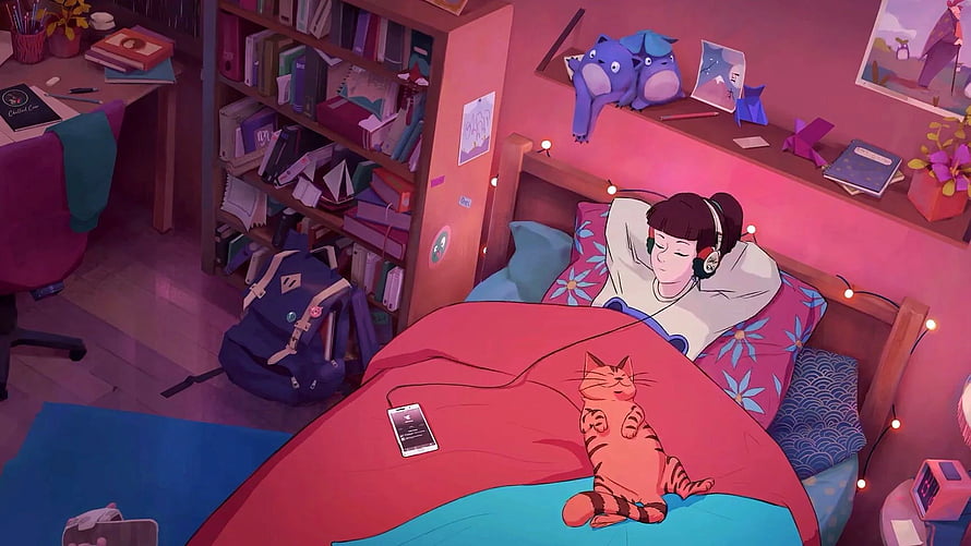 ChilledCow Lo-Fi Girl Studying in Cozy Bedroom with Cat and Headphones HD wallpaper