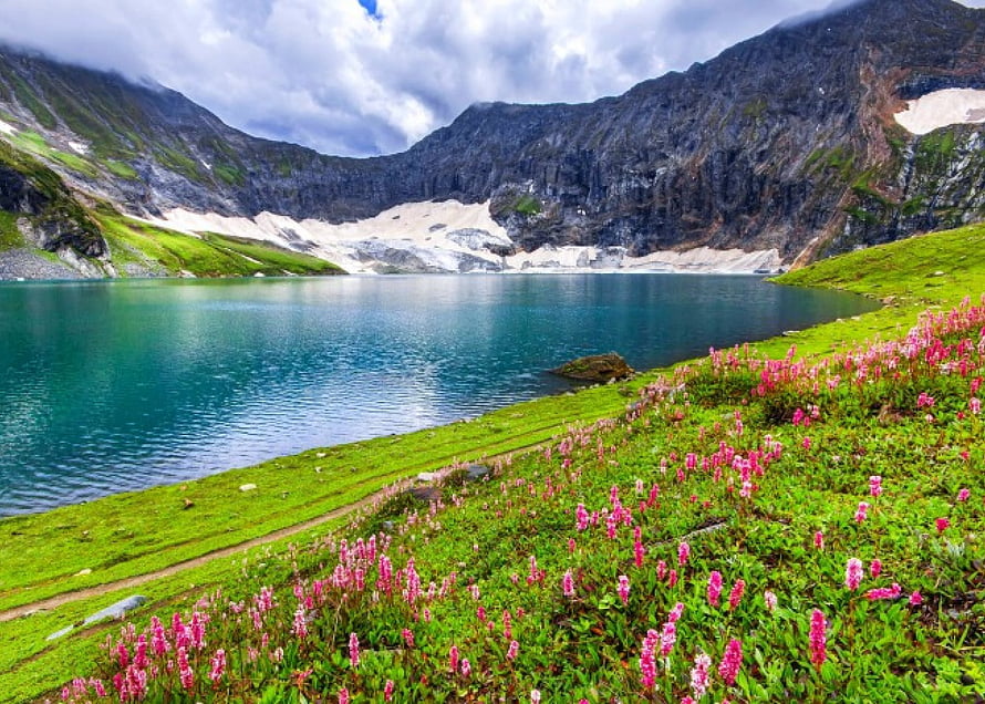 Turquoise Mountain Lake in Pakistan Surrounded by Wildflowers and Snow-Capped Peaks HD wallpaper