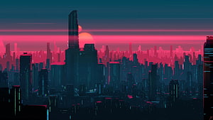 Futuristic Cyberpunk Cityscape with Neon Skyline and Distant Sun HD wallpaper