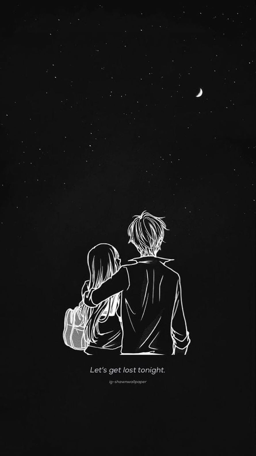 Romantic Anime Couple Under Starry Night Sky with Crescent Moon HD phone wallpaper