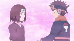 Rin and Obito Sharing a Quiet Moment in a Soft Pink Sky HD wallpaper