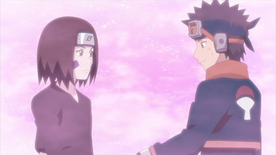Rin and Obito Sharing a Quiet Moment in a Soft Pink Sky HD wallpaper