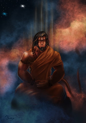 Hanuman in Deep Meditation Amidst Cosmic Nebula and Divine Light, Bhavin Mehta, Hanuman Meditation HD phone wallpaper